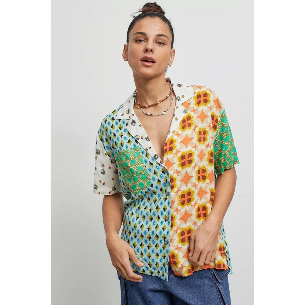 Urban Outfitters UO Gardenia Souvenir Button Down Top Patchwork Blouse Medium - Picture 1 of 12